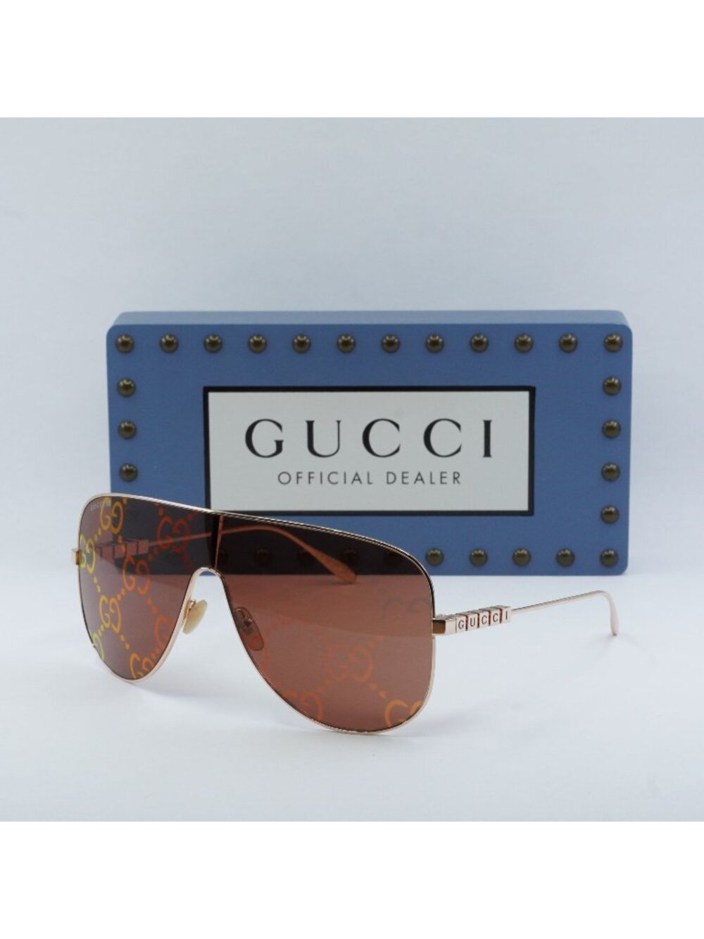Gucci GG1436S 003 Shield Sunglasses - Gold / Red with GG Pattern